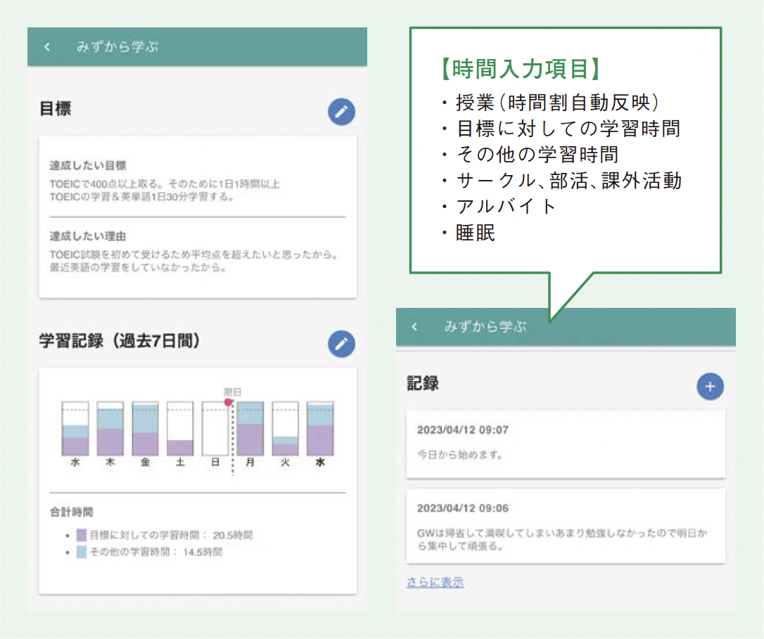 学修の目標と学修時間入力画面